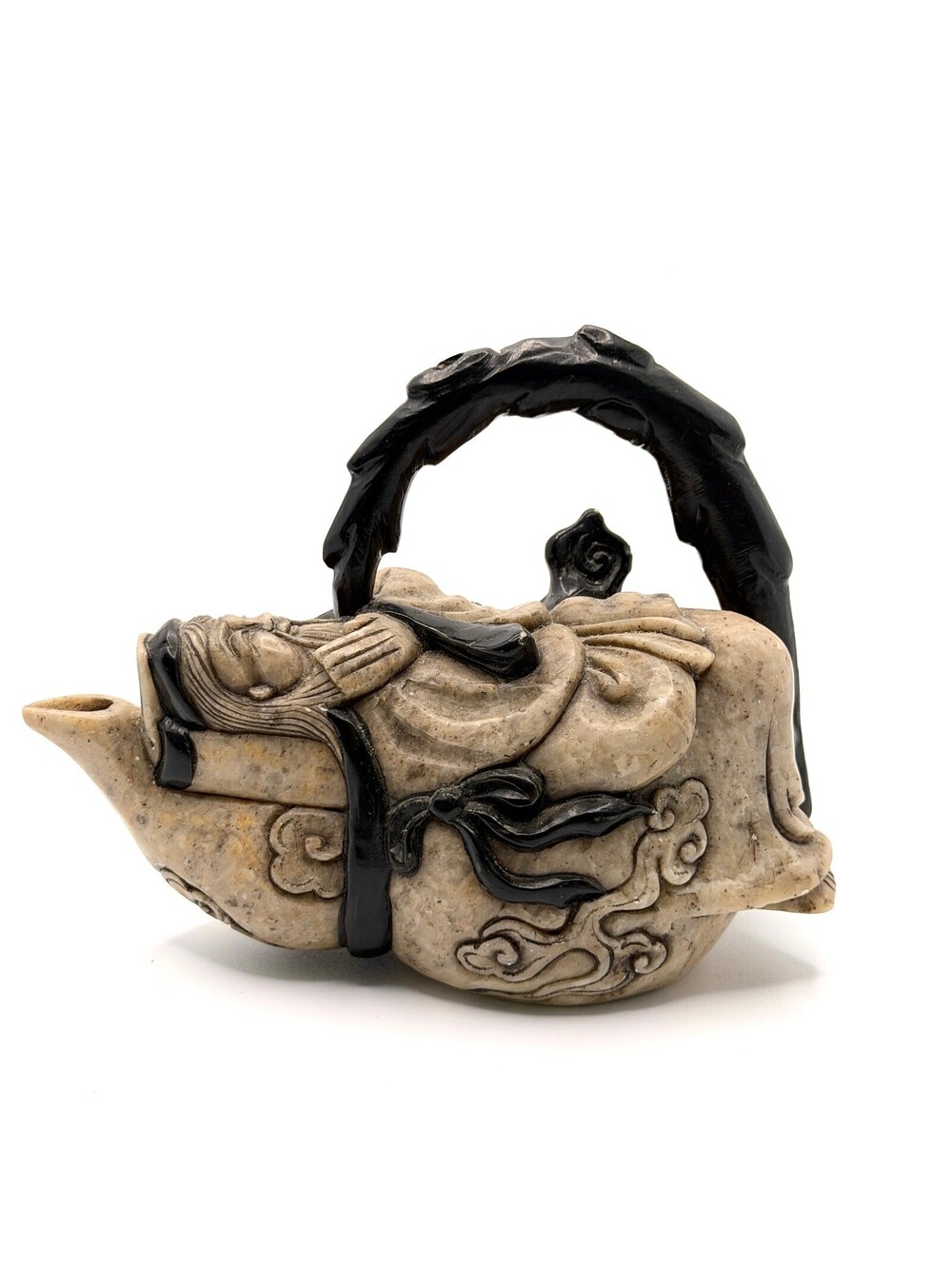 Vintage 70s Tan Black Shoushan Stone Scholar Figural Teapot